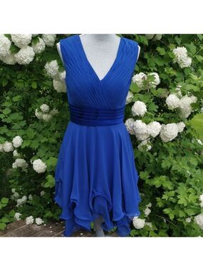 JJ's House Cocktail Prom Klein Blue Formal DressChiffon Midi V Neckline. L